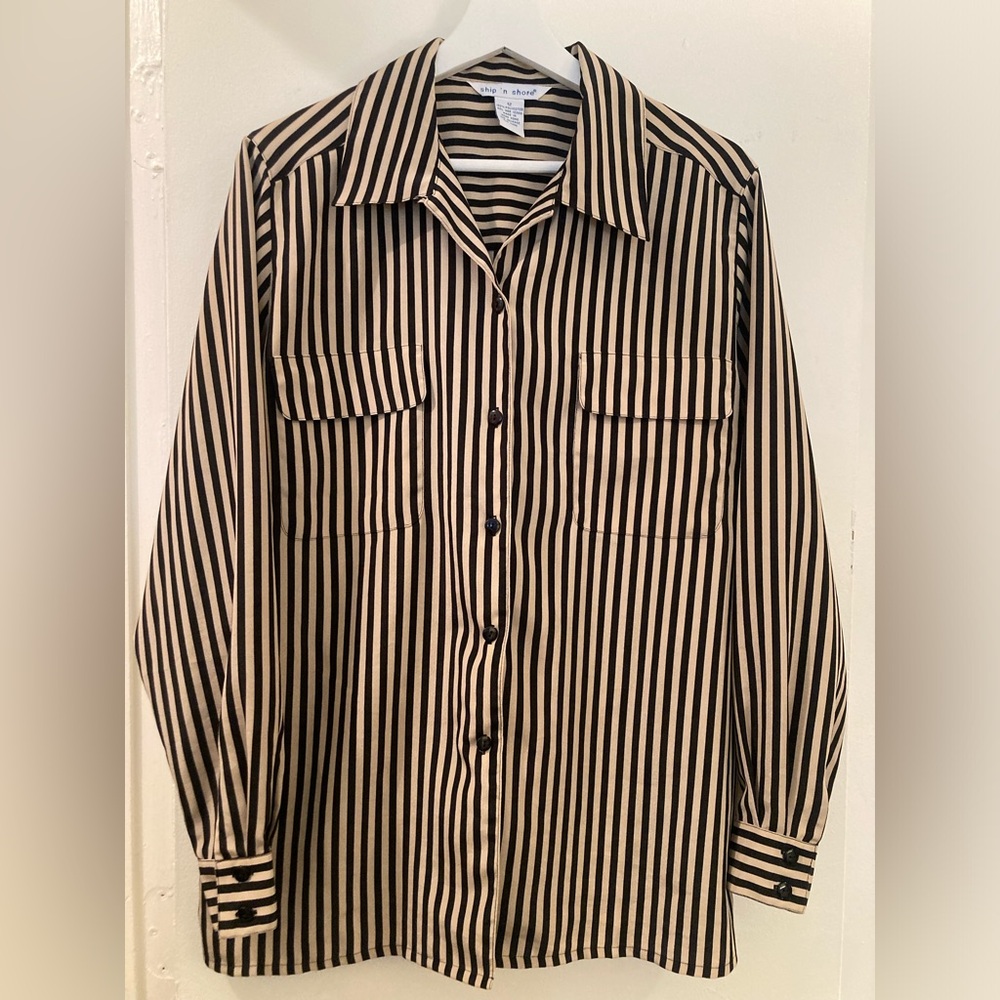 Ship N’ Shore” Cream and Black Striped Button-Up Shirt